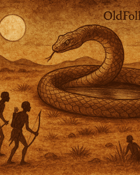 Khaa coiled around a glowing desert waterhole under moonlight, with three San hunters watching cautiously from the foreground.