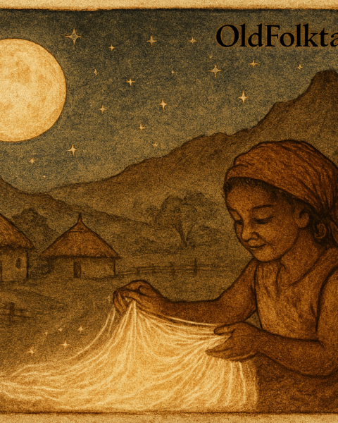 a Sotho girl weaving silver moonlight into a glowing blanket