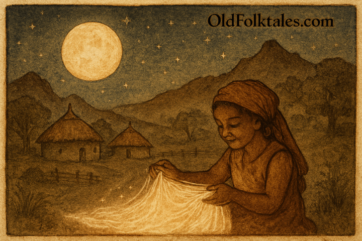 a Sotho girl weaving silver moonlight into a glowing blanket