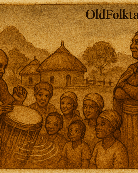 Villagers gathered as talking drum echo through a Sotho village