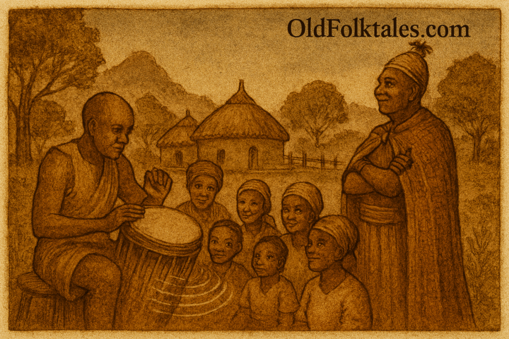 Villagers gathered as talking drum echo through a Sotho village