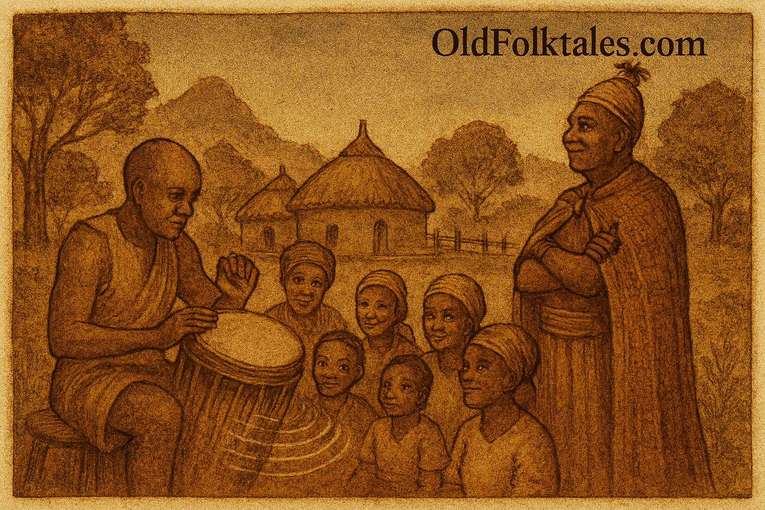 Villagers gathered as talking drum echo through a Sotho village