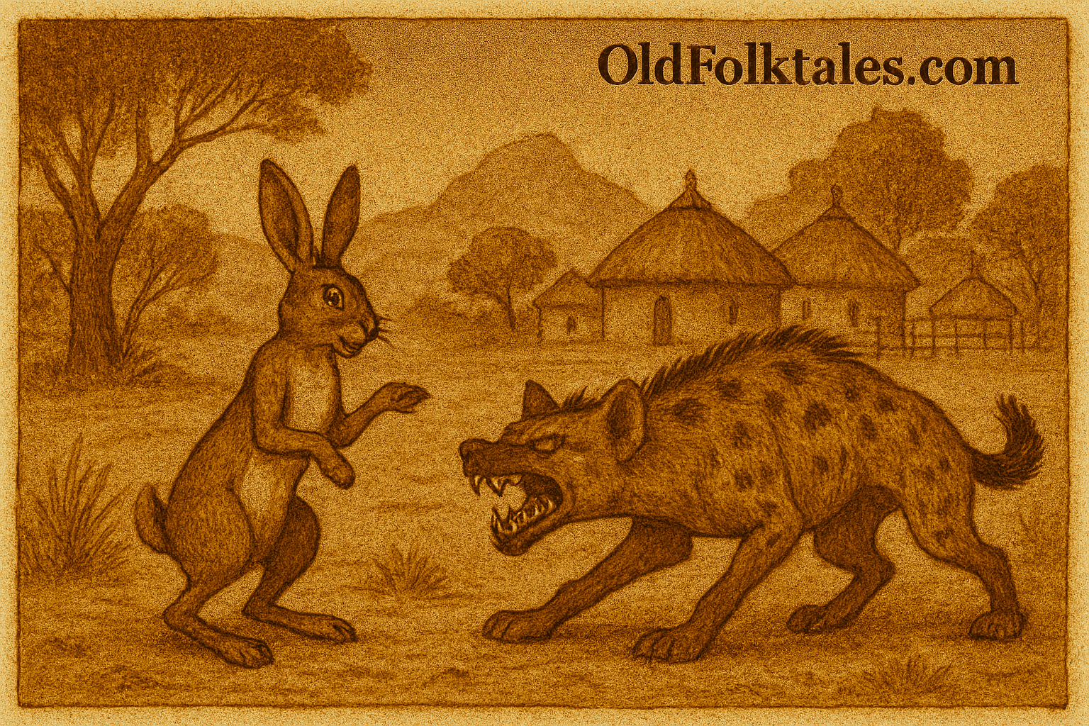 A clever hare tricking a snarling hyena
