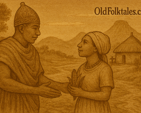 Parchment-style illustration of King Effiom and Adiaunen in Calabar, Nigeria.