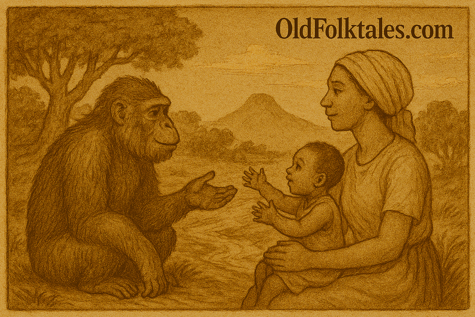 The Woman, the Ape, and the Child | FolktalesAfrica.com Parchment-style illustration of African woman, child, and ape meeting in rural village landscape, warm earthy tones.