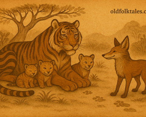 Parchment-style illustration of a jackal tricking tiger in forest, warm earthy tones and aged texture.