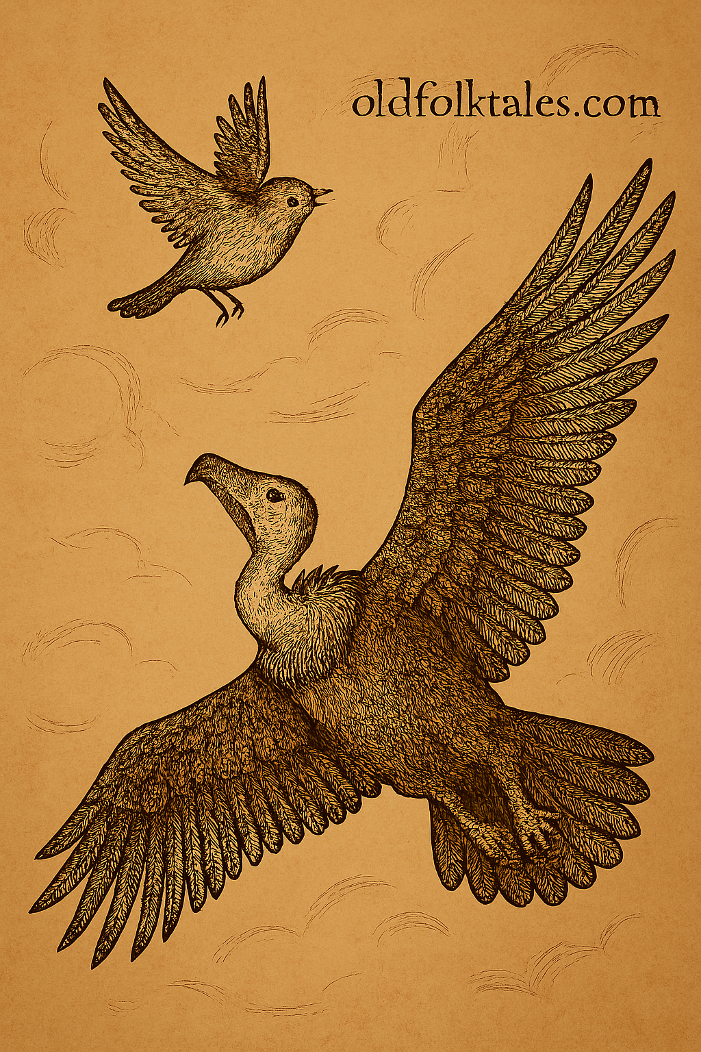 Parchment-style drawing of tiny Tink-Tinkje flying above exhausted Vulture, African folktale about cleverness and pride.
