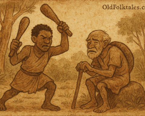 Parchment-style scene of Ananse beating Efu the hunchback in Ashanti forest; African folktale, earthy tones.