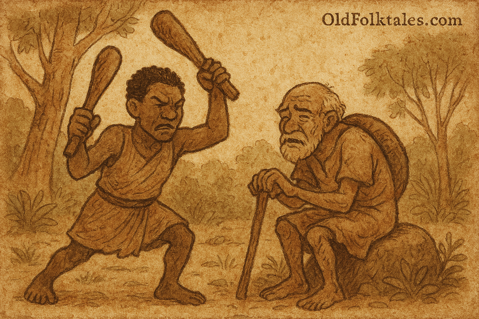 Parchment-style scene of Ananse beating Efu the hunchback in Ashanti forest; African folktale, earthy tones.