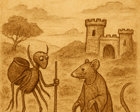 West African folktale scene of Ananse and Rat claiming empty kingdom; parchment-style with earthy tones and faded ink.