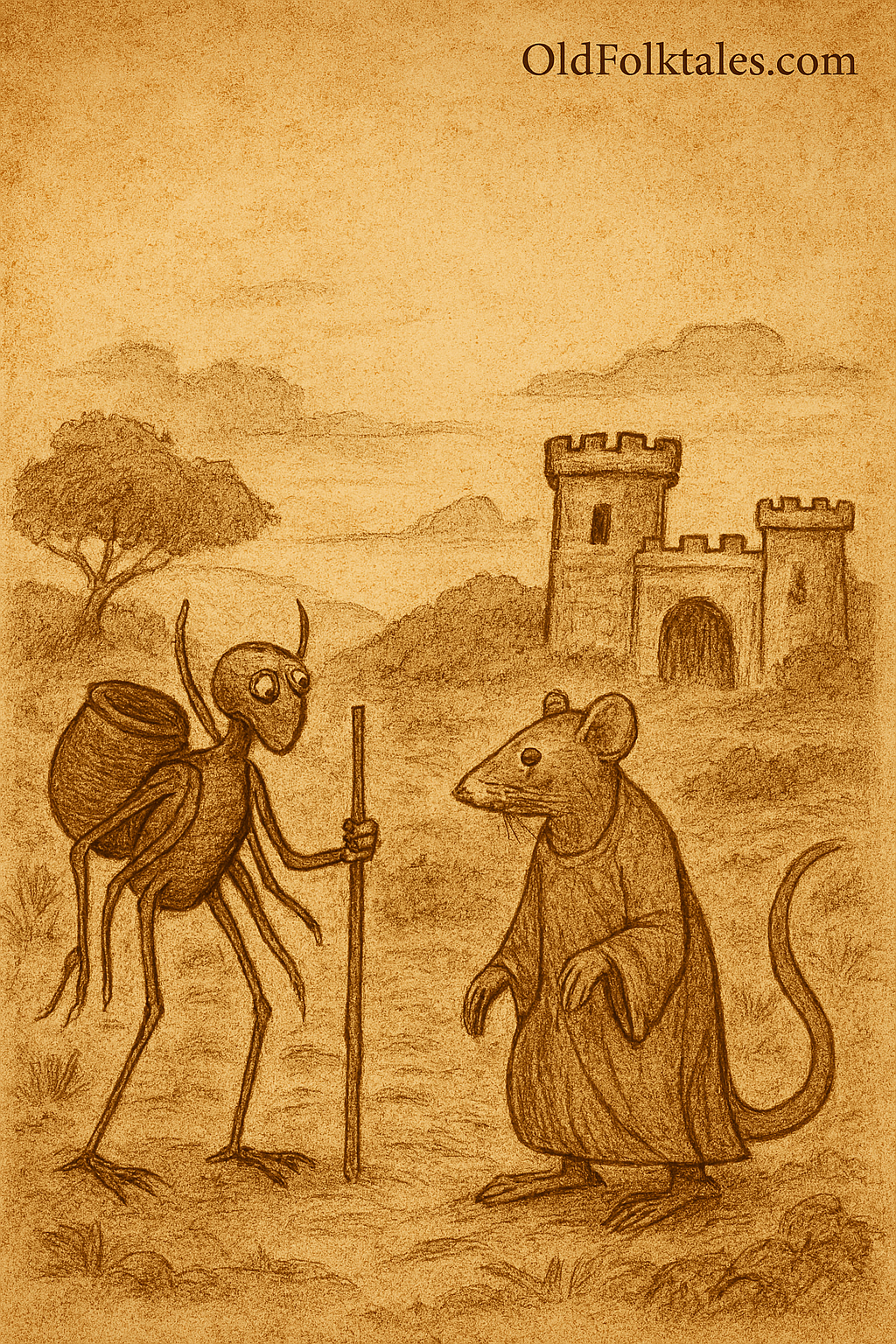 West African folktale scene of Ananse and Rat claiming empty kingdom; parchment-style with earthy tones and faded ink.