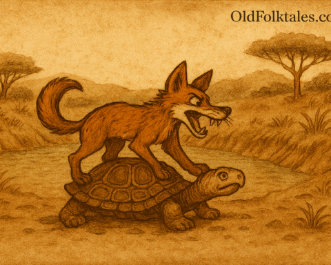Parchment-style scene of Jackal stuck to sticky Tortoise at dam entrance; African folktale in earthy tones.