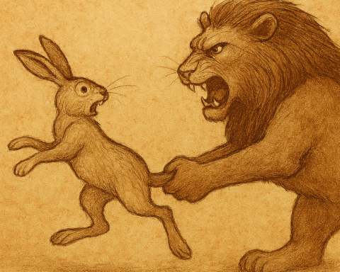Rabbit stuck to pitch-covered Tortoise at riverbed; African folktale scene in warm earthy tones, aged parchment style.