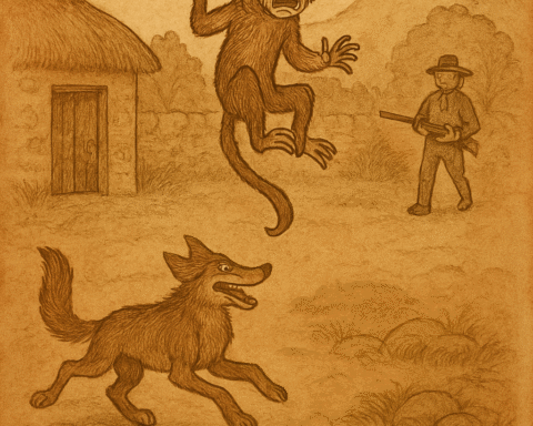 Parchment-style illustration of a Boer kraal at dawn with rifle-bearing farmer, South African folktale setting.