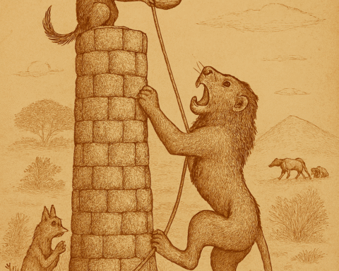 illustration on aged parchment showing a lion climbing a stone tower while a jackal at the top prepares to drop a steaming object; “OldFolktales.com” appears in the top right corner.