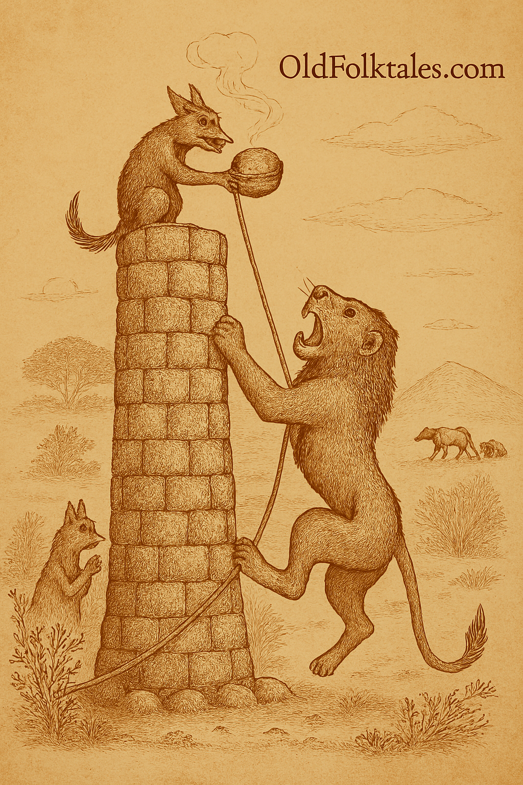 illustration on aged parchment showing a lion climbing a stone tower while a jackal at the top prepares to drop a steaming object; “OldFolktales.com” appears in the top right corner.