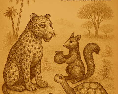 illustration of a leopard, squirrel, and tortoise in a savannah landscape, with the text "oldfoltales.com" in serif font at the top right corner.
