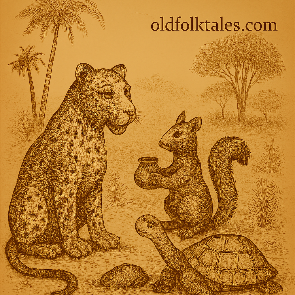 illustration of a leopard, squirrel, and tortoise in a savannah landscape, with the text "oldfoltales.com" in serif font at the top right corner.