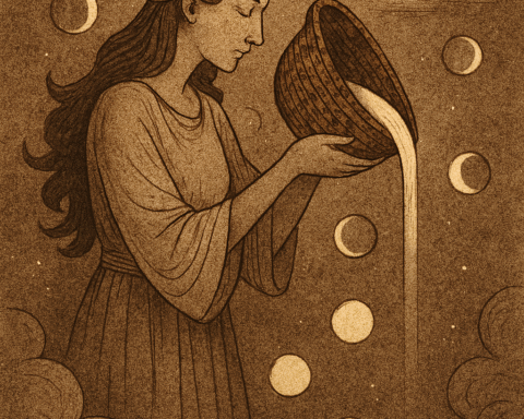 A warm, sepia-toned illustration of the Moon Woman standing in a celestial realm, pouring glowing water from a radiant basket. Sixteen luminous children float around her, each representing a phase of the moon. The background features swirling clouds, starlit skies, and an aged parchment texture. A subtle “OldFolktales.com” logo appears in the top right corner.