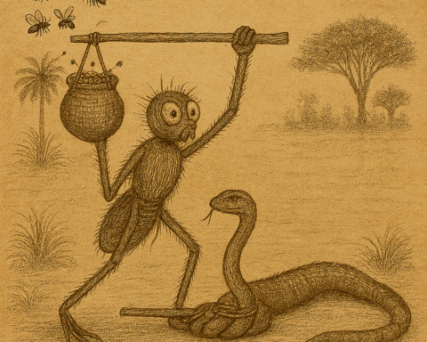 Sepia-toned illustration of Anansi tricking bees and a boa, a in a West African folktale; parchment-style with “OldFolktales.com” in top right corner.