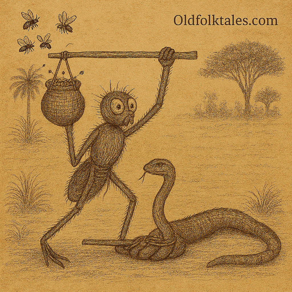 Sepia-toned illustration of Anansi tricking bees and a boa, a in a West African folktale; parchment-style with “OldFolktales.com” in top right corner.