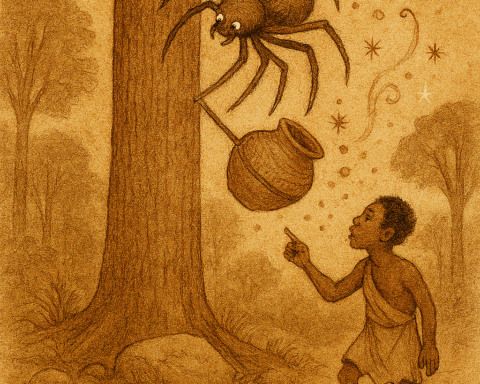 Folktale illustration of Father Anansi dropping a pot of wisdom from a tree while his son Kweku Tsin watches below; warm earthy tones and aged parchment texture with “OldFolktales.com” in the top right corner.