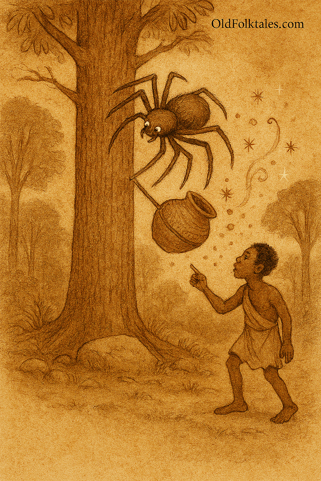 Folktale illustration of Father Anansi dropping a pot of wisdom from a tree while his son Kweku Tsin watches below; warm earthy tones and aged parchment texture with “OldFolktales.com” in the top right corner.