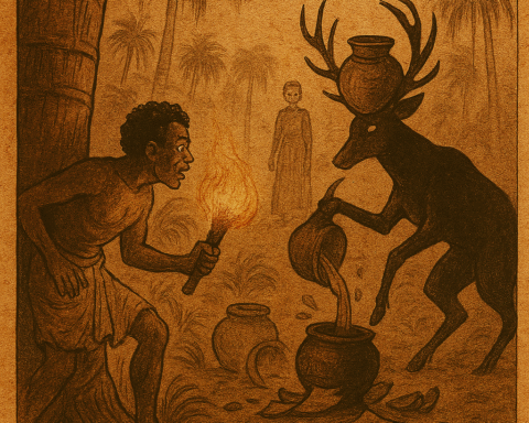 Illustration of Ohia hiding behind a palm tree at night, watching a bush-deer pour stolen palm wine into a jar; broken pots scattered on the forest floor. Warm earthy tones and aged parchment texture. “OldFolktales.com” logo in top right corner.