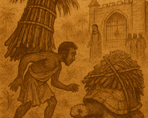 Sepia-toned folktale illustration of Mr. Klo the tortoise collapsed under a pile of palm wine jars and palm trees at the palace gate; villagers uncover him after the rain, revealing a hardened shell. Aged parchment texture with “OldFolktales.com” in the top right corner.