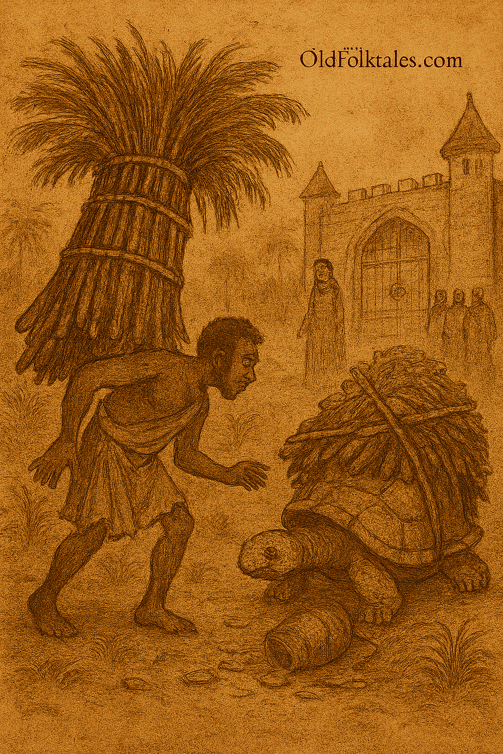 Sepia-toned folktale illustration of Mr. Klo the tortoise collapsed under a pile of palm wine jars and palm trees at the palace gate; villagers uncover him after the rain, revealing a hardened shell. Aged parchment texture with “OldFolktales.com” in the top right corner.