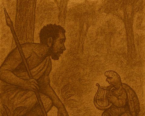 Sepia-toned folktale illustration showing a hunter crouching in a forest, enchanted by a tortoise playing a harp. Later, the tortoise sits silent on a table before a village assembly, and the hunter is executed at sunset. Aged parchment texture with “OldFolktales.com” in the top right corner.