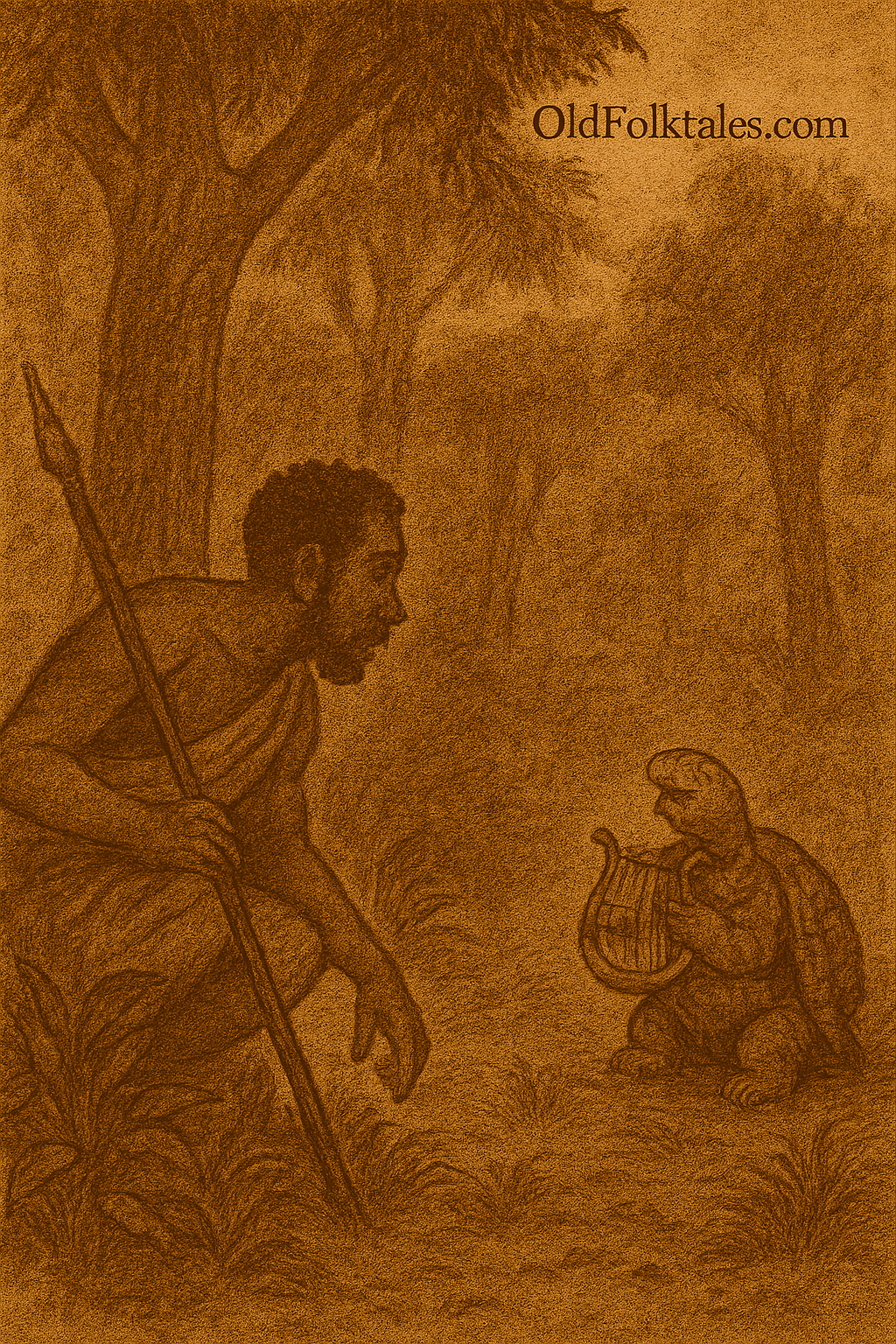 Sepia-toned folktale illustration showing a hunter crouching in a forest, enchanted by a tortoise playing a harp. Later, the tortoise sits silent on a table before a village assembly, and the hunter is executed at sunset. Aged parchment texture with “OldFolktales.com” in the top right corner.