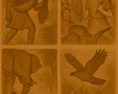 Sepia-toned folktale illustration showing Kwesi cutting off the tail of the sleeping princess elephant, fleeing through a forest as elephants chase him. Magical tree and maize field block their path. Later, Kwesi shoots an arrow at a cymbal to win a mysterious maiden, who transforms into an elephant. Final panel shows Kwesi turning into a hawk above a burning fire. Aged parchment texture with “OldFolktales.com” in the top right corner.