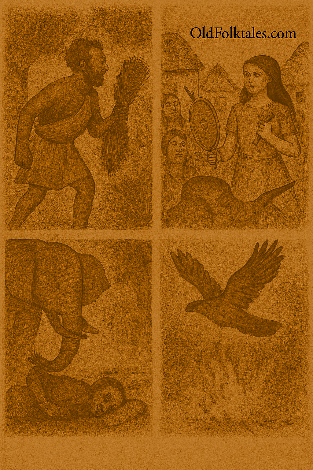 Sepia-toned folktale illustration showing Kwesi cutting off the tail of the sleeping princess elephant, fleeing through a forest as elephants chase him. Magical tree and maize field block their path. Later, Kwesi shoots an arrow at a cymbal to win a mysterious maiden, who transforms into an elephant. Final panel shows Kwesi turning into a hawk above a burning fire. Aged parchment texture with “OldFolktales.com” in the top right corner.