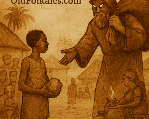 Folktale illustration showing Kwofi standing solemnly in a village square at dusk as a god with a large sack delivers death to the villagers. The god spares Kwofi, who remains alone. Warm earthy tones and aged parchment texture evoke a timeless storybook feel. “OldFolktales.com” appears subtly in the top right corner.