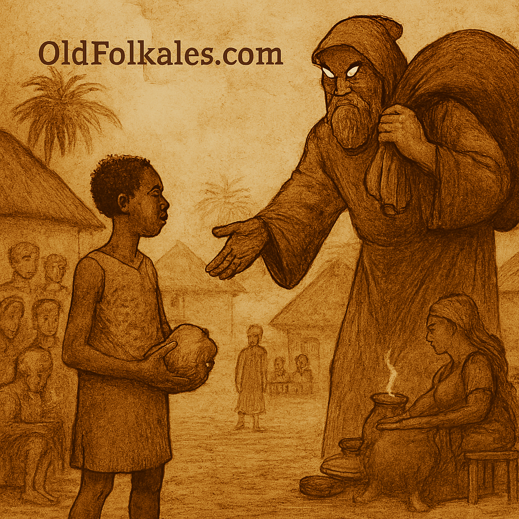 Folktale illustration showing Kwofi standing solemnly in a village square at dusk as a god with a large sack delivers death to the villagers. The god spares Kwofi, who remains alone. Warm earthy tones and aged parchment texture evoke a timeless storybook feel. “OldFolktales.com” appears subtly in the top right corner.