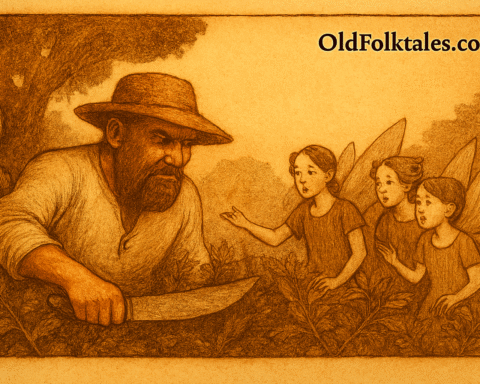 A sepia-toned illustration of Farmer Mybrow cutting through dense forest foliage with a machete, while three fairies with translucent wings emerge from the bushes. The fairies gesture toward him with cautious curiosity. The “OldFolktales.com” logo appears in the top right corner.