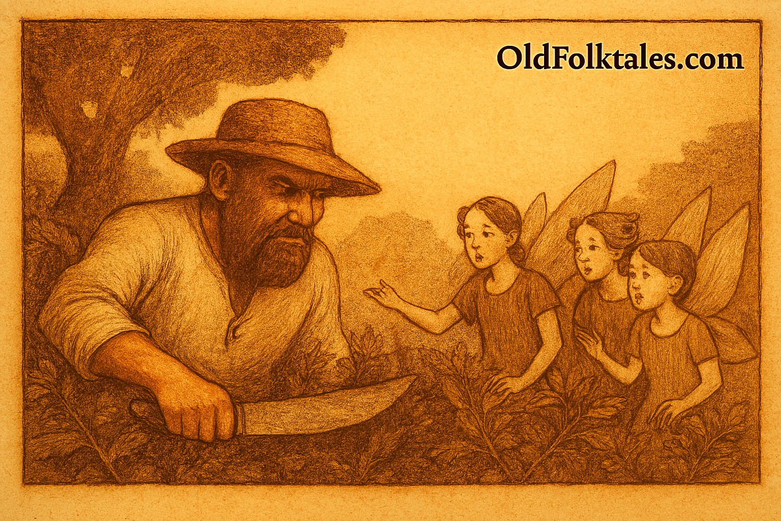 A sepia-toned illustration of Farmer Mybrow cutting through dense forest foliage with a machete, while three fairies with translucent wings emerge from the bushes. The fairies gesture toward him with cautious curiosity. The “OldFolktales.com” logo appears in the top right corner.
