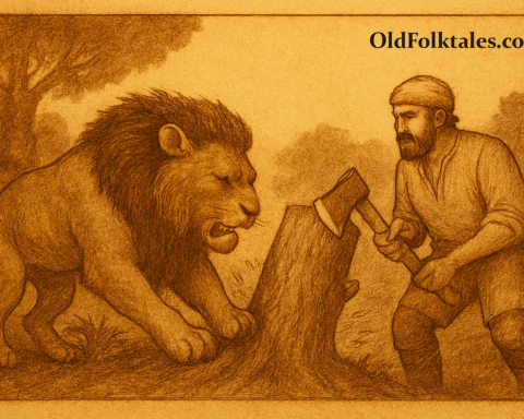 A sepia-toned illustration shows a proud young lion with his claws wedged into a tree trunk groove, facing a calm, axe-wielding man in a North African savanna. The man prepares to knock away the wedge as the lion realizes he’s been outwitted. The scene is rendered in warm earthy colors with faded ink lines and aged parchment texture. A subtle “OldFolktales.com” logo appears in the top right corner.