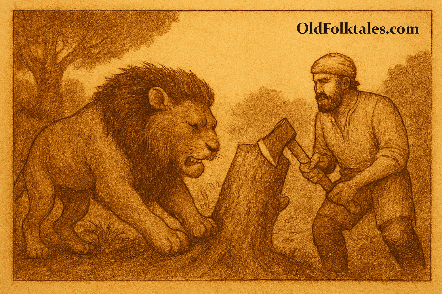 The Lion and the Son of Woman – OldFolktales.com | FolktalesAfrica.com A sepia-toned illustration shows a proud young lion with his claws wedged into a tree trunk groove, facing a calm, axe-wielding man in a North African savanna. The man prepares to knock away the wedge as the lion realizes he’s been outwitted. The scene is rendered in warm earthy colors with faded ink lines and aged parchment texture. A subtle “OldFolktales.com” logo appears in the top right corner.