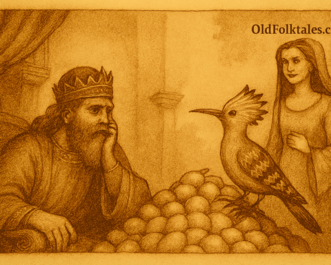 A sepia-toned illustration shows King Solomon seated on his ornate throne, gazing thoughtfully at a hoopoe bird perched atop a mound of eggs. The scene is set in a palace courtyard filled with birds and fish offering eggs of all shapes and colors. A mysterious woman stands nearby, watching the exchange. The image is rendered in warm earthy tones with faded ink lines and aged parchment texture. A subtle “OldFolktales.com” logo appears in the top right corner.
