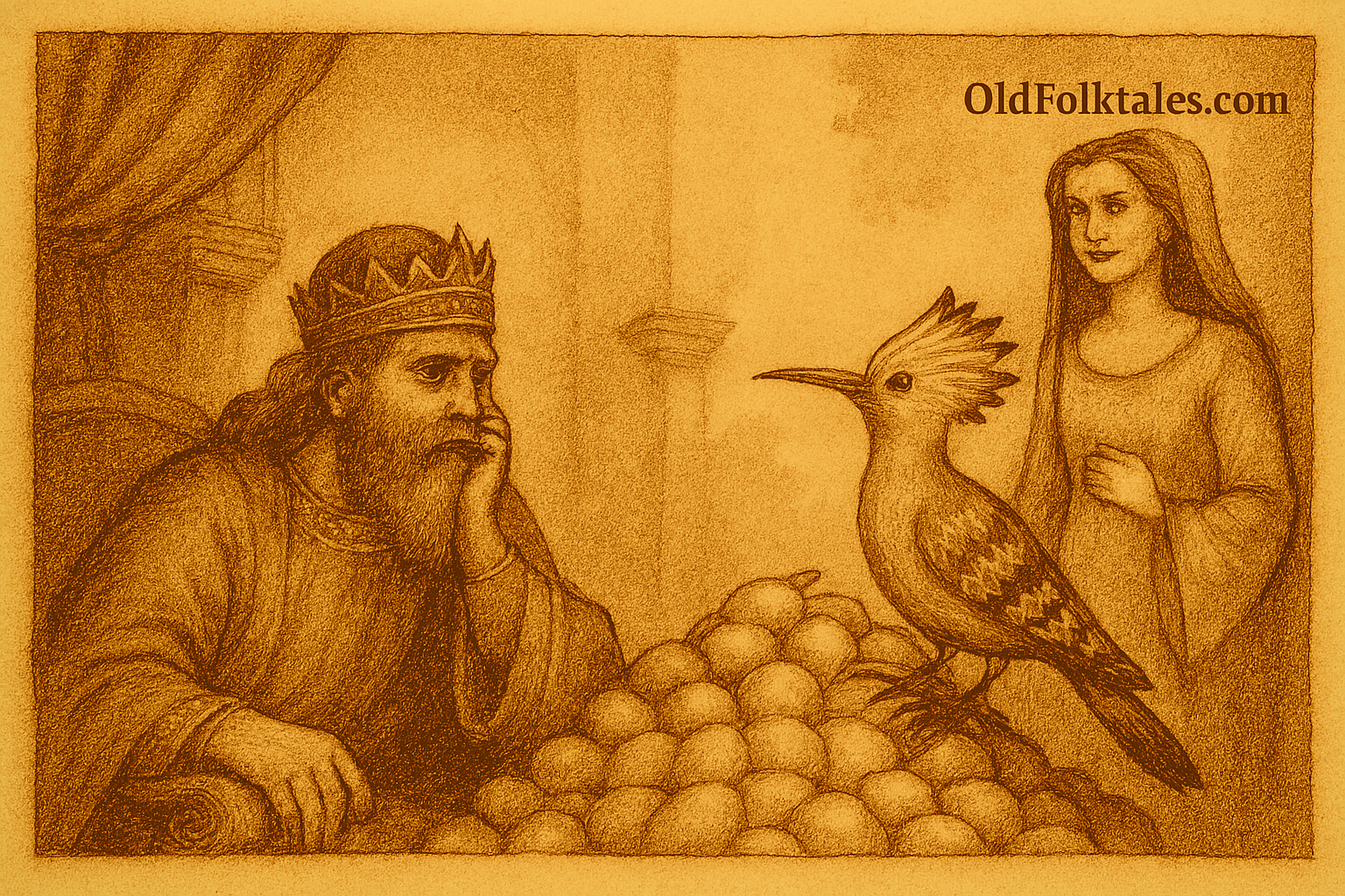 Solomon and the House of Eggs – OldFolktales.com | FolktalesAfrica.com A sepia-toned illustration shows King Solomon seated on his ornate throne, gazing thoughtfully at a hoopoe bird perched atop a mound of eggs. The scene is set in a palace courtyard filled with birds and fish offering eggs of all shapes and colors. A mysterious woman stands nearby, watching the exchange. The image is rendered in warm earthy tones with faded ink lines and aged parchment texture. A subtle “OldFolktales.com” logo appears in the top right corner.