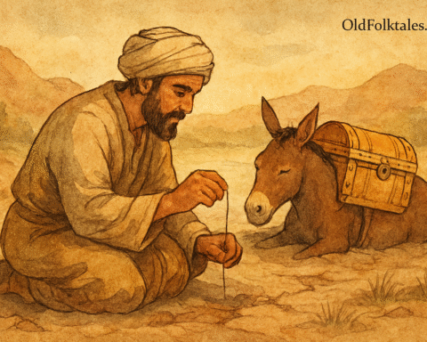 A sepia-toned illustration shows a wealthy Arab kneeling in a dry riverbed, gently pulling a single hair from the mud. As he clears the earth, the buried mule begins to emerge, still carrying its ornate golden load. The scene is rendered in warm earthy colors with faded ink lines and aged parchment texture. A subtle “OldFolktales.com” logo appears in the top right corner.