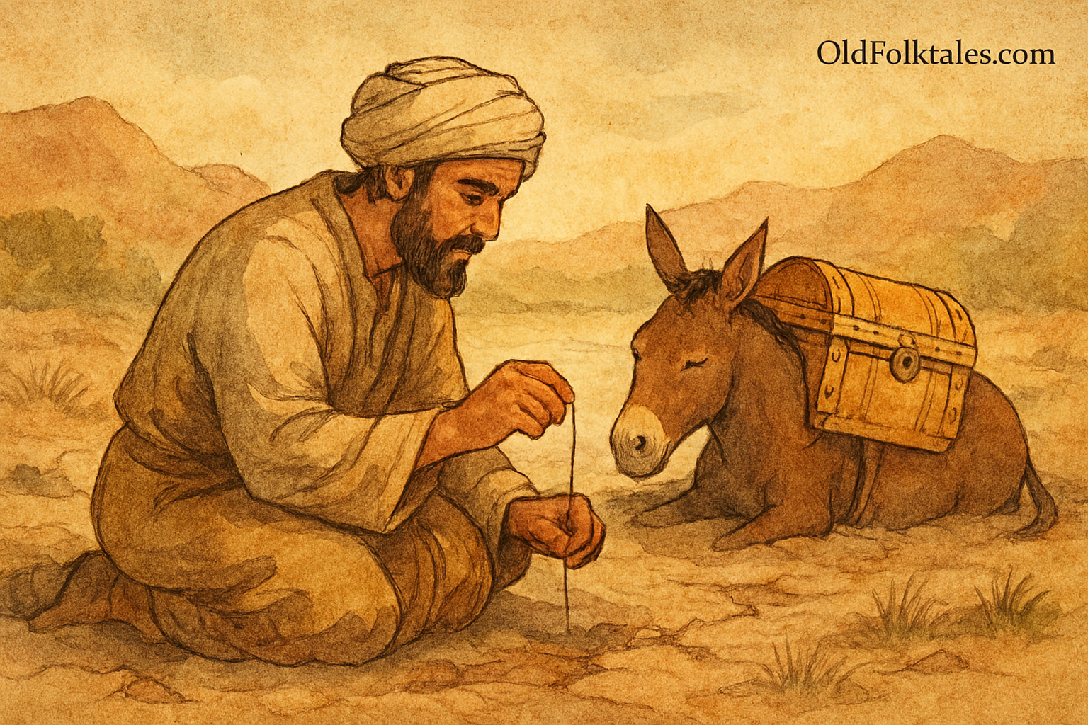 CThe Mule and the Golden Load – OldFolktales.com | FolktalesAfrica.com A sepia-toned illustration shows a wealthy Arab kneeling in a dry riverbed, gently pulling a single hair from the mud. As he clears the earth, the buried mule begins to emerge, still carrying its ornate golden load. The scene is rendered in warm earthy colors with faded ink lines and aged parchment texture. A subtle “OldFolktales.com” logo appears in the top right corner.