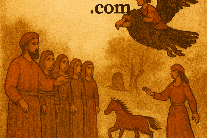 Illustration in warm, aged parchment tones depicting a scene from an Algerian folktale. Six robed brothers stand solemnly on a dirt path, while a blindfolded sister reaches toward them. A dark-skinned brother rides a massive vulture overhead, symbolizing his heroic journey. A feather lies near a stone at a fork in the road. The background features a leafless tree and rolling hills. The only text reads “OldFolktales.com” in the top center.