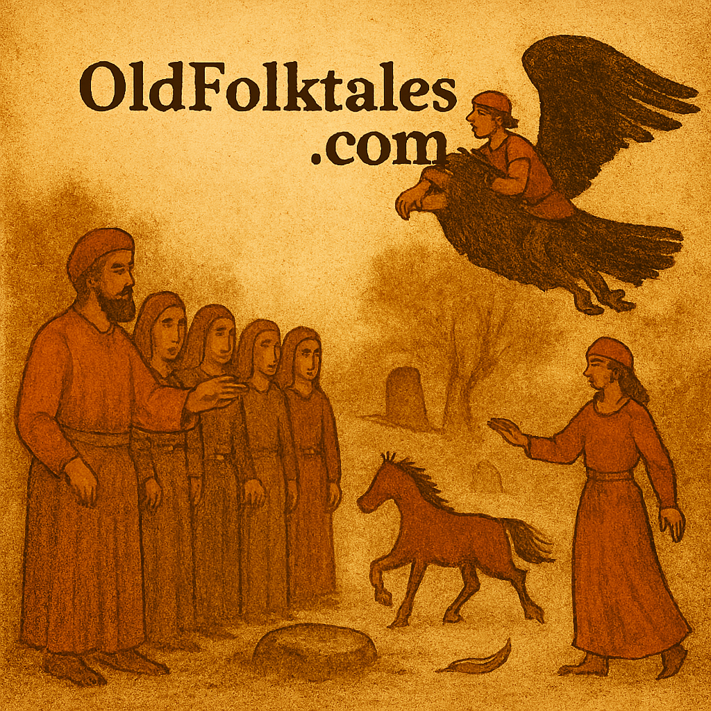 Illustration in warm, aged parchment tones depicting a scene from an Algerian folktale. Six robed brothers stand solemnly on a dirt path, while a blindfolded sister reaches toward them. A dark-skinned brother rides a massive vulture overhead, symbolizing his heroic journey. A feather lies near a stone at a fork in the road. The background features a leafless tree and rolling hills. The only text reads “OldFolktales.com” in the top center.