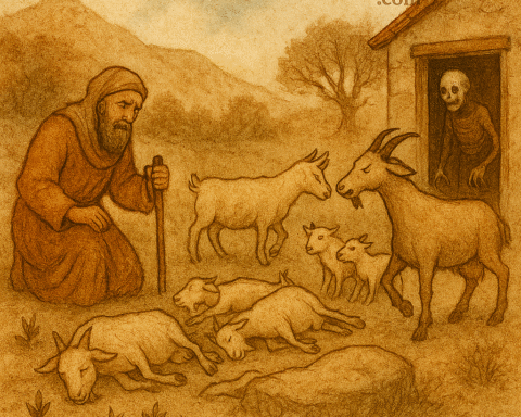 A traditional watercolor-style illustration depicts a Persian folktale scene. On the left, a grieving man kneels beside six lifeless goats, his robe flowing over cracked earth. On the right, a mother goat confronts a skeletal evil spirit in the doorway of a mountain house, her horns lowered in fury. Two young goat kids huddle behind her. The background features rolling hills, a gnarled tree, and a warm parchment sky. The only text is a subtle “OldFolktales.com” logo in the top right corner.
