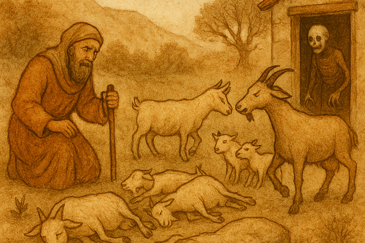 A traditional watercolor-style illustration depicts a Persian folktale scene. On the left, a grieving man kneels beside six lifeless goats, his robe flowing over cracked earth. On the right, a mother goat confronts a skeletal evil spirit in the doorway of a mountain house, her horns lowered in fury. Two young goat kids huddle behind her. The background features rolling hills, a gnarled tree, and a warm parchment sky. The only text is a subtle “OldFolktales.com” logo in the top right corner.