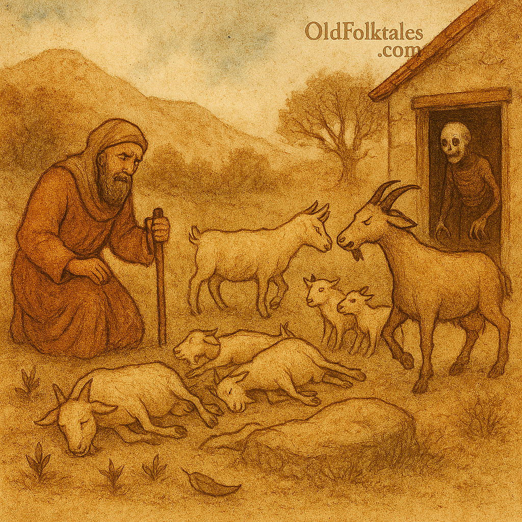 The Seven Goats and the Evil Spirit – OldFolktales.com | FolktalesAfrica.com A traditional watercolor-style illustration depicts a Persian folktale scene. On the left, a grieving man kneels beside six lifeless goats, his robe flowing over cracked earth. On the right, a mother goat confronts a skeletal evil spirit in the doorway of a mountain house, her horns lowered in fury. Two young goat kids huddle behind her. The background features rolling hills, a gnarled tree, and a warm parchment sky. The only text is a subtle “OldFolktales.com” logo in the top right corner.