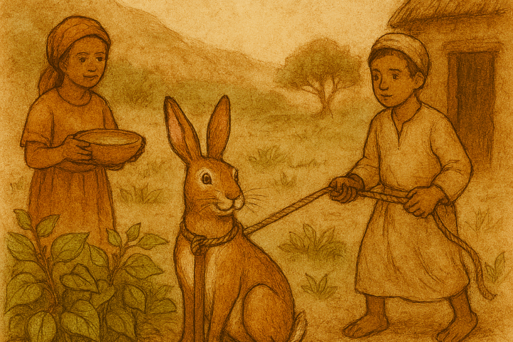 A traditional watercolor-style illustration depicts a scene from a Wolof folktale. A clever hare is tied to a wooden stake in a lush bean field, surrounded by climbing vines and tender pods. Two children stand nearby—one offering a bowl of water, the other holding the rope. In the distance, a hyena approaches as the jeweler walks toward the field carrying a glowing iron rod. The background features a rustic hut, a lone tree, and rolling hills under a parchment-toned sky. The only text is “OldFolktales.com” in the top right corner.